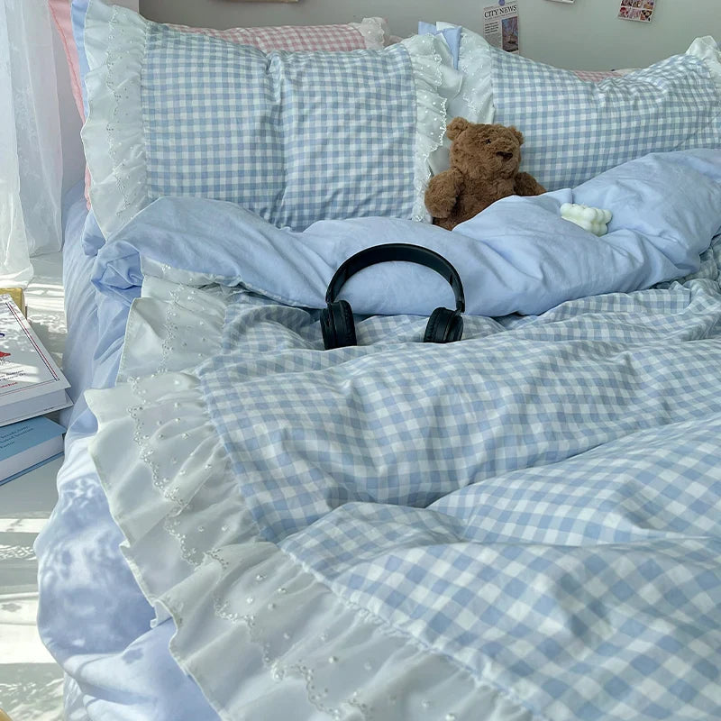 Plaid 3pcs Printed Bedding Set Lace Duvet Cover And 2pcs Pillowcases (no padding)