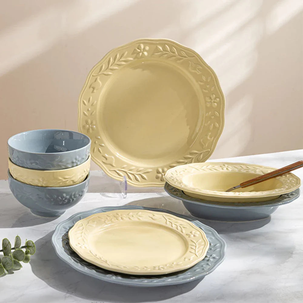 Glossy Solid Ceramic Serving Plate Floral Print Cute Bowl Versatile Dishes Simple Kitchen Tablewares