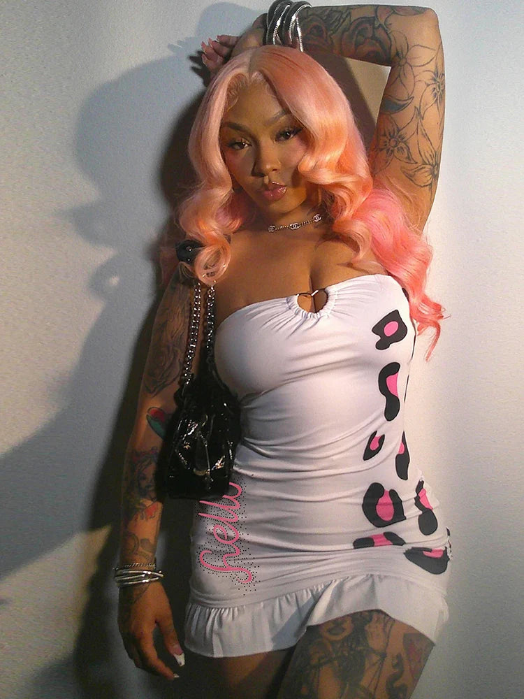 Metal Hearts Strapless Dress Women Fashion Print Sexy Cleavage Backless Skinny Peach Hip Mini Bodycon