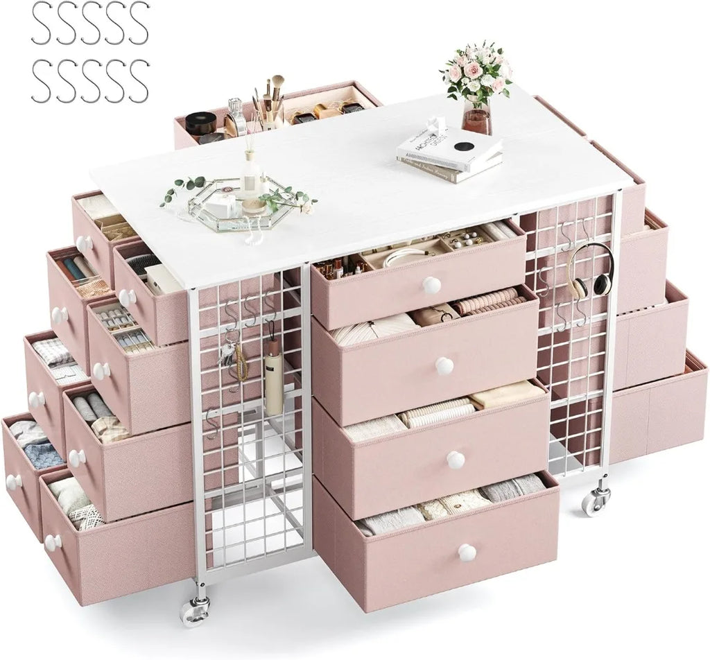 Pink Dresser for Bedroom with Wheels & 40"* 23" Wide Wooden Top,Dresser & Chests of Drawers