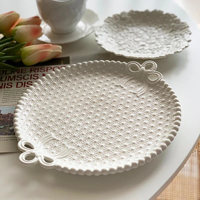 Bow Knot Pearl Relief Ceramic Breakfast Plate Vintage Plate