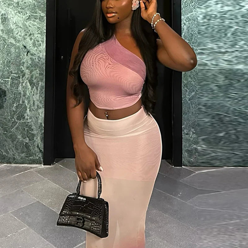 Gradient Women 2 Piece Set Elegant One-Shoulder Tank Tops+Double Deck Maxi Skirts Fashion Outfit