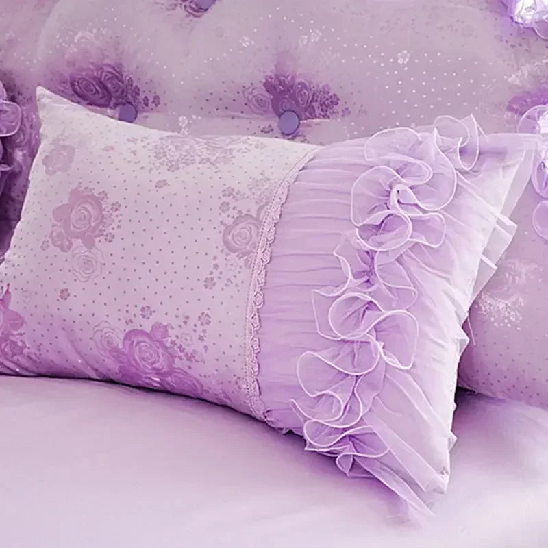 Pink Jacquard Satin Bedspread Bedding Set Luxury Princess Wedding Bed Set Lace Ruffle Duvet Cover Bed Skirt Pillowcases Cotton