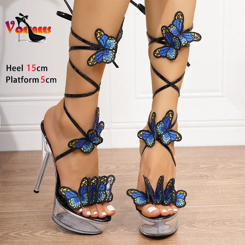 Lace Up Butterfly Sandals For Women Gladiator Narrow-band Thin High Heels Transparent Platform
