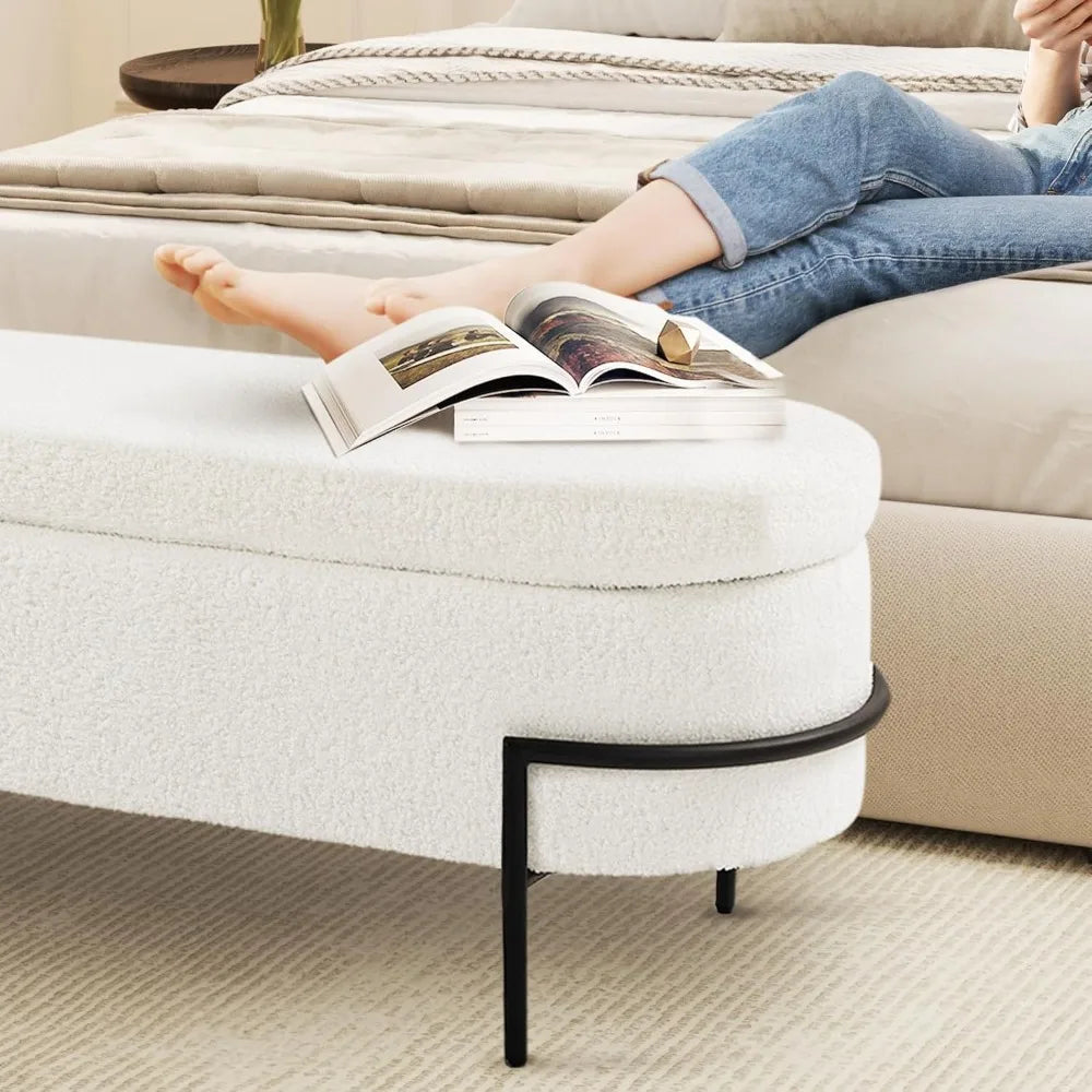 Storage Ottoman Bench with Metal Stand, Upholstered Sherpa Stool with Large Storage Space, Modern Storage Bench