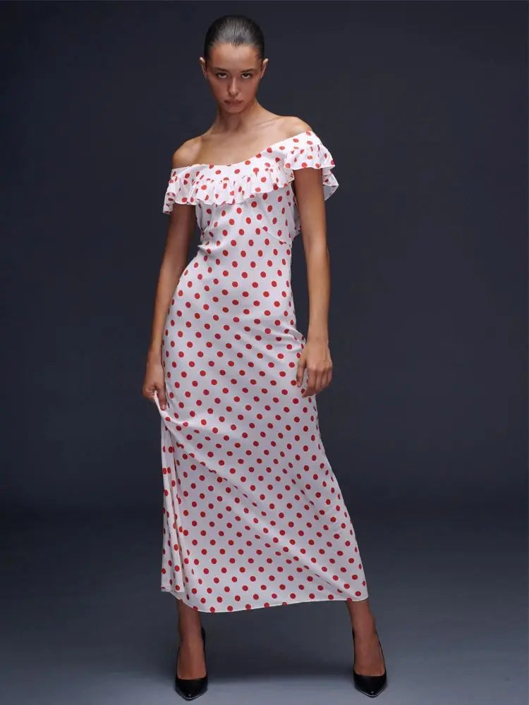French Daisy Vintage Girl Silk Polka Dots U Neck V Back Sexy Summer Women Long Dress