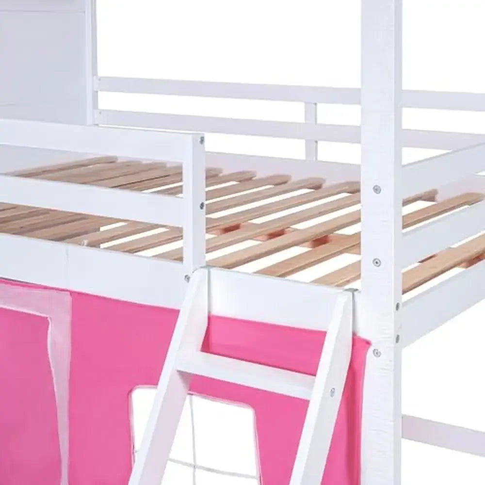 Kids Loft Bunk Bed House Twin with Tent Ladders Guardrail Windows Playhouse Wood Twin Over Twin Loft Bed Creative Design Storage