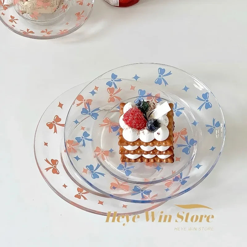 Pink and Blue Bow Glass Plate Plate