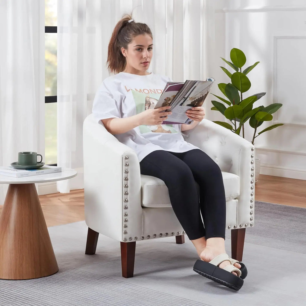 Comfy Accent Barrel Chairs Set of 2, Faux Leather Club Armchair