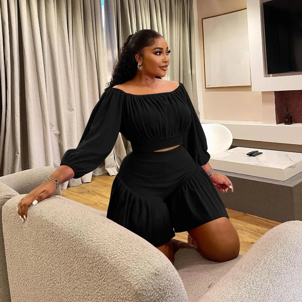 Plus Size Women's Set Long Sleeve Slash Neck T-Shirt and Shorts Summer Ruched Two 2 Piece Set Outfits Tracksuit