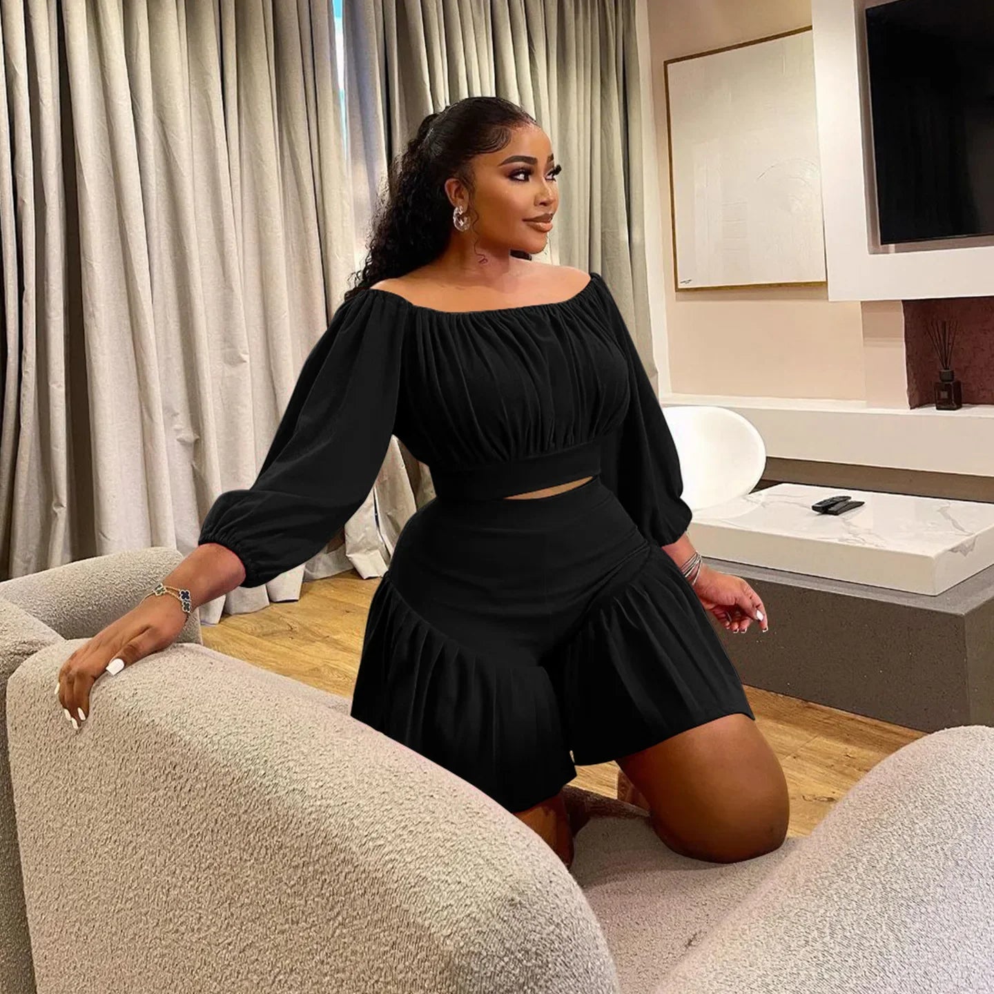 Plus Size Women's Set Long Sleeve Slash Neck T-Shirt and Shorts Summer Ruched Two 2 Piece Set Outfits Tracksuit