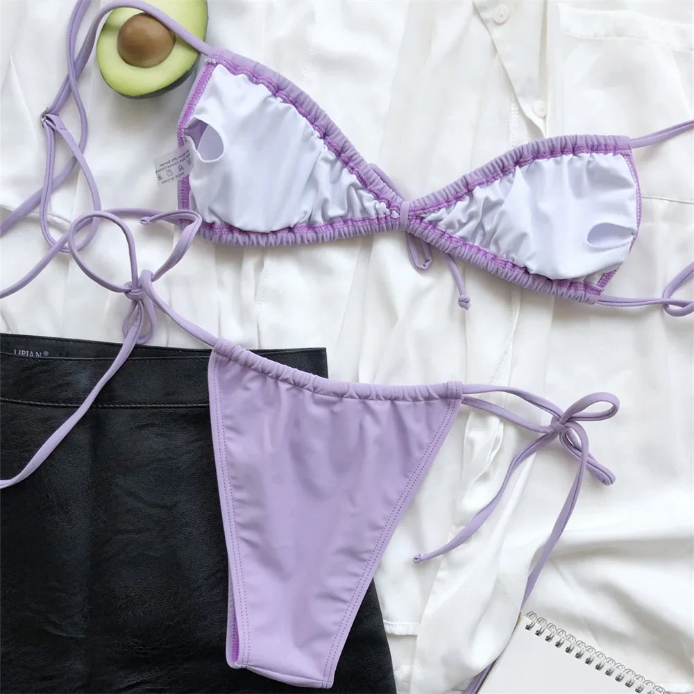 Women Sexy Sling Bikini Micro String Extreme Swimsuit Bikinis Pleated Set