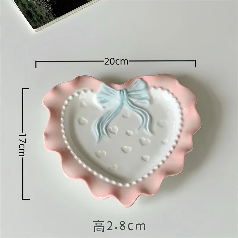 Cute Ceramic Dinner Plate Love Bow Wavy Edge