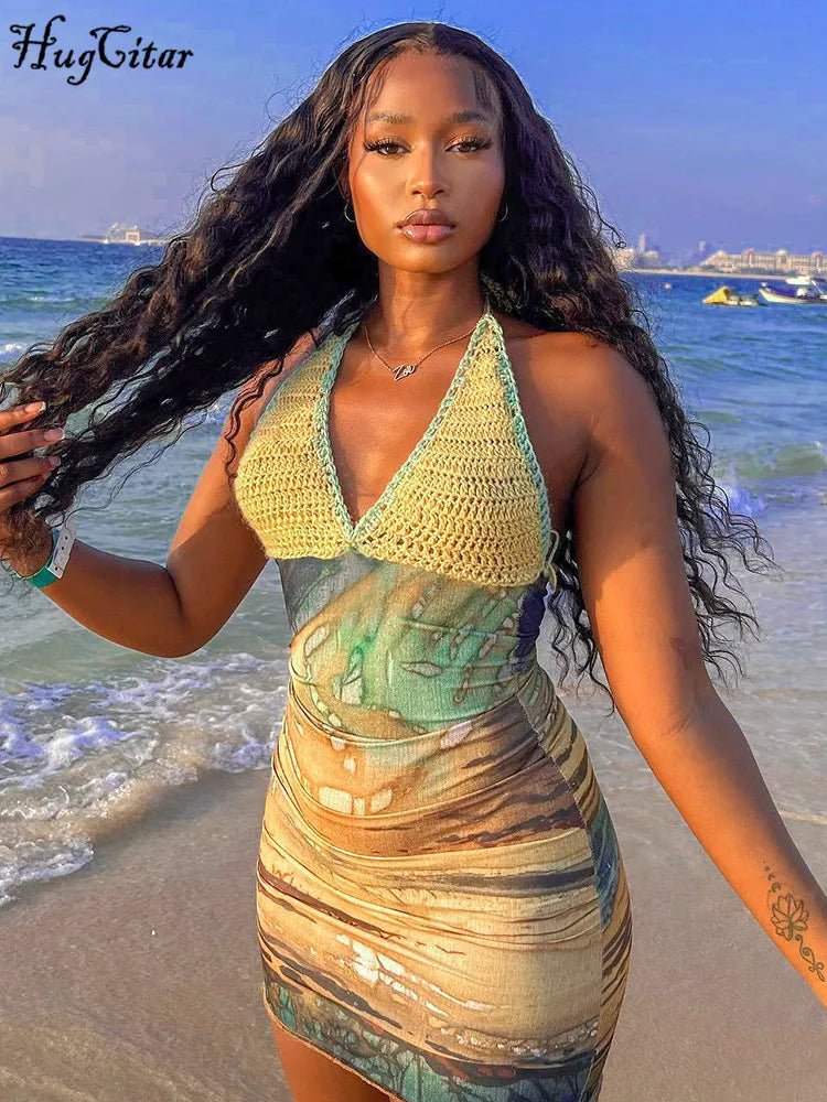 Halter Knitted Scenery Print Backless Lace Up Sexy Mini Dress Women Fashion Clothes