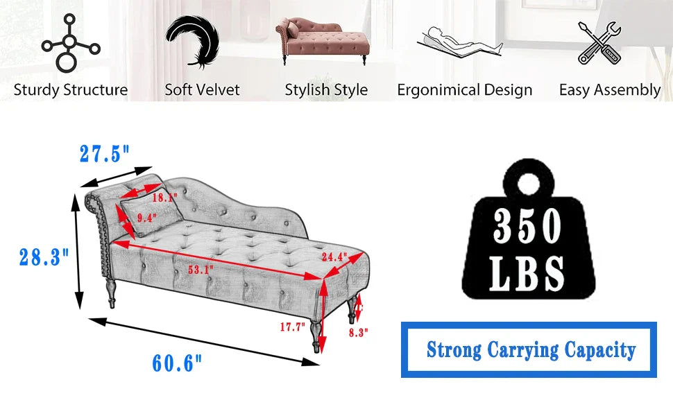 Upholstered Velvet Rolled Arm Chaise Lounges Indoor Chair, Right Arm Facing Chaise Lounge with Nailhead Trim and 1 Pillow