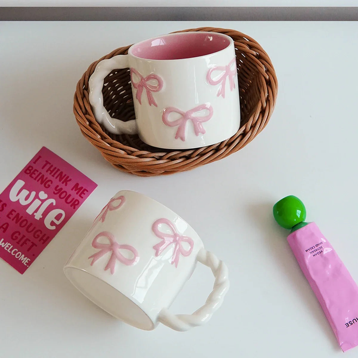 Pink Bow Ceramic Mug, Twist Handle Ceramic Mug, Exquisite and Simple Pink Embossed Mug