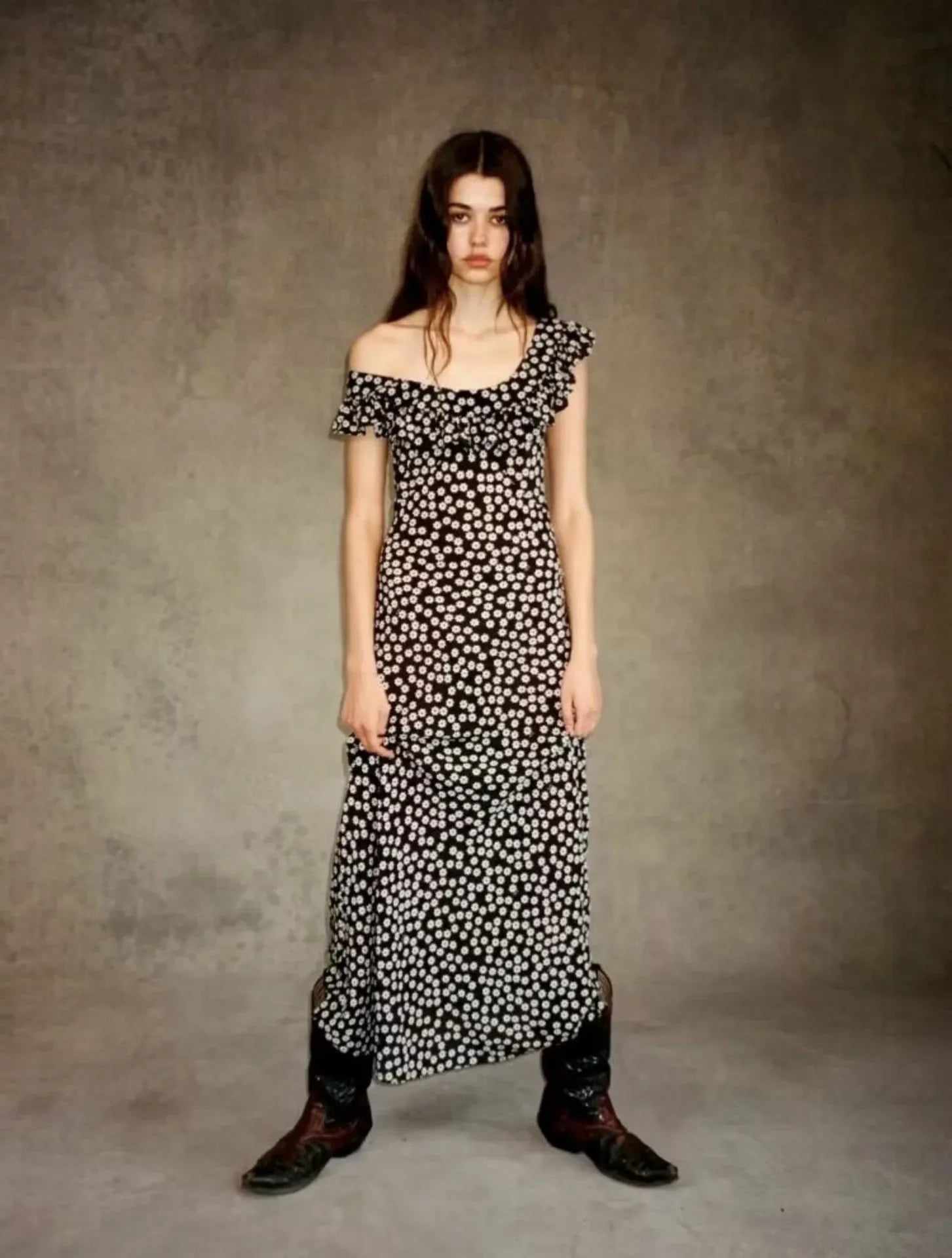 French Daisy Vintage Girl Silk Polka Dots U Neck V Back Sexy Summer Women Long Dress