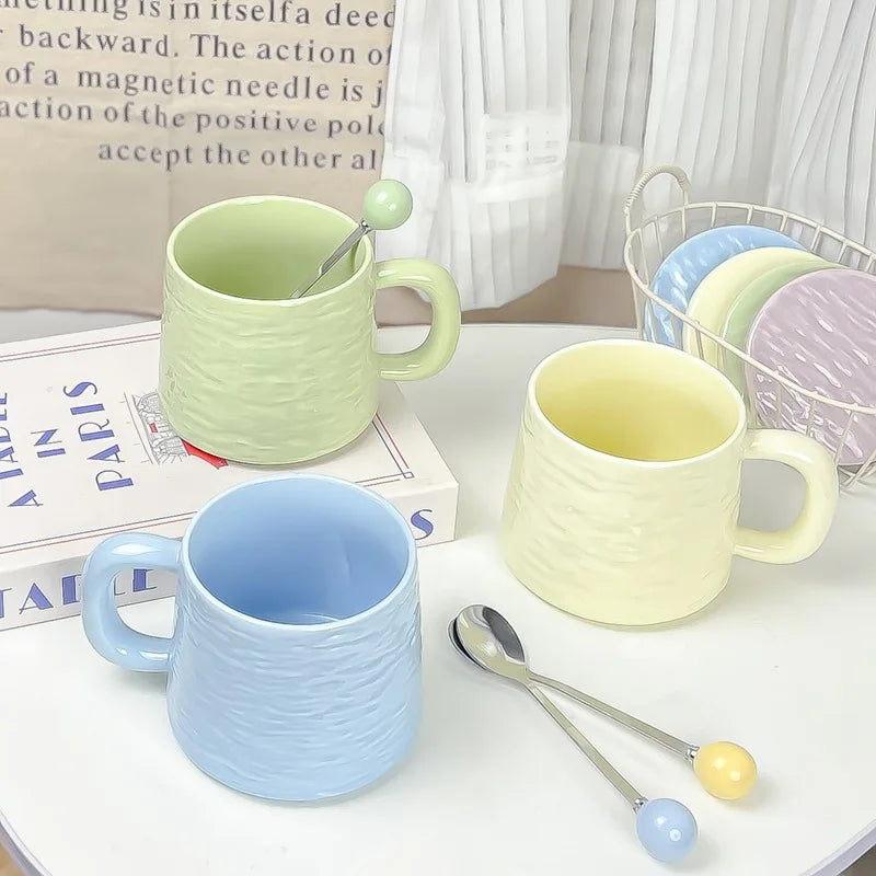 Rock-patterned Ceramic Mugs with Spoons