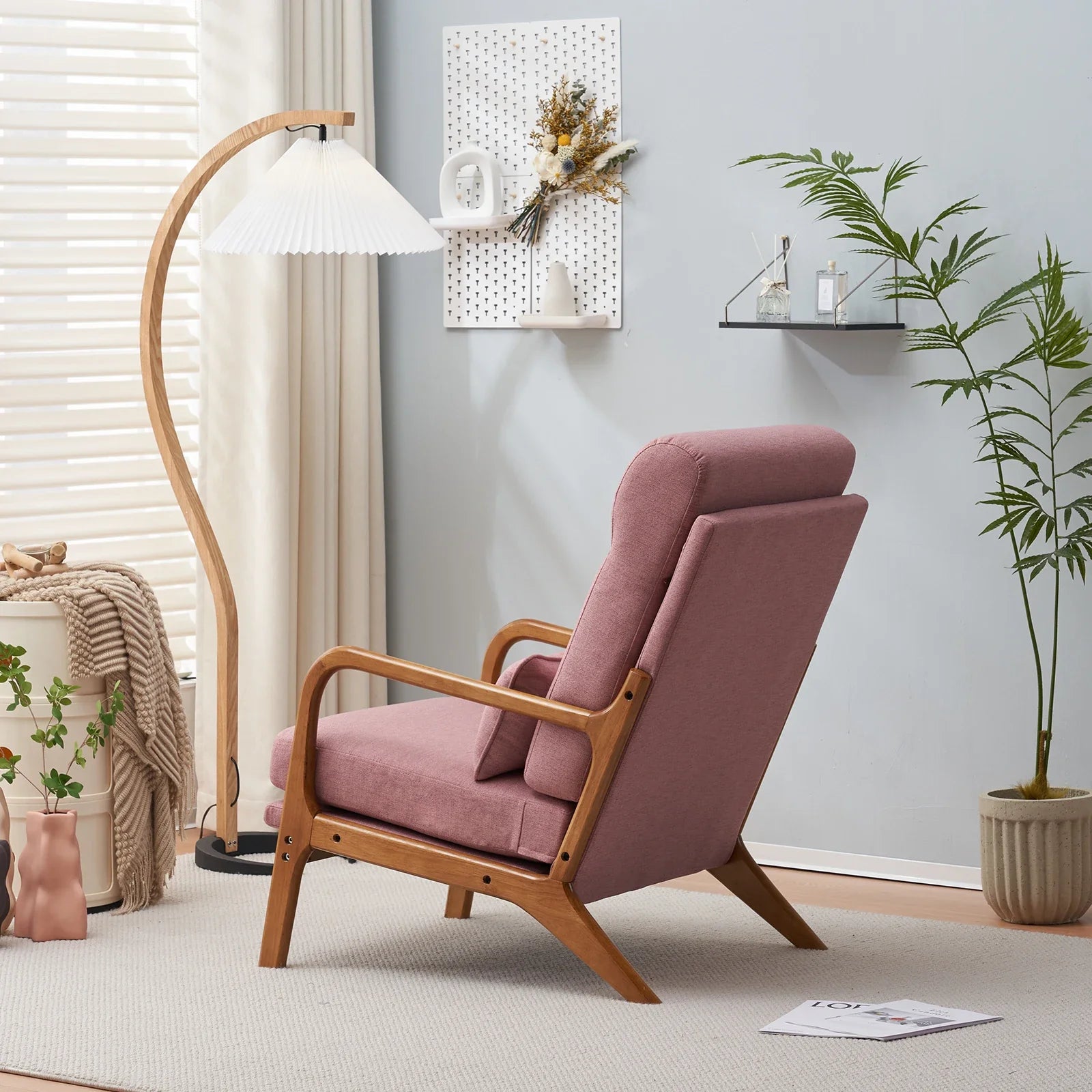 High Back Solid Wood Armrest Backrest Iron Frame Linen Indoor Leisure Chair Pink
