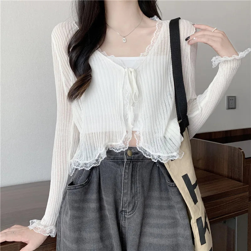 Lace Knitted Cardigans Long Sleeved Short Lace-Up Thin Shawl