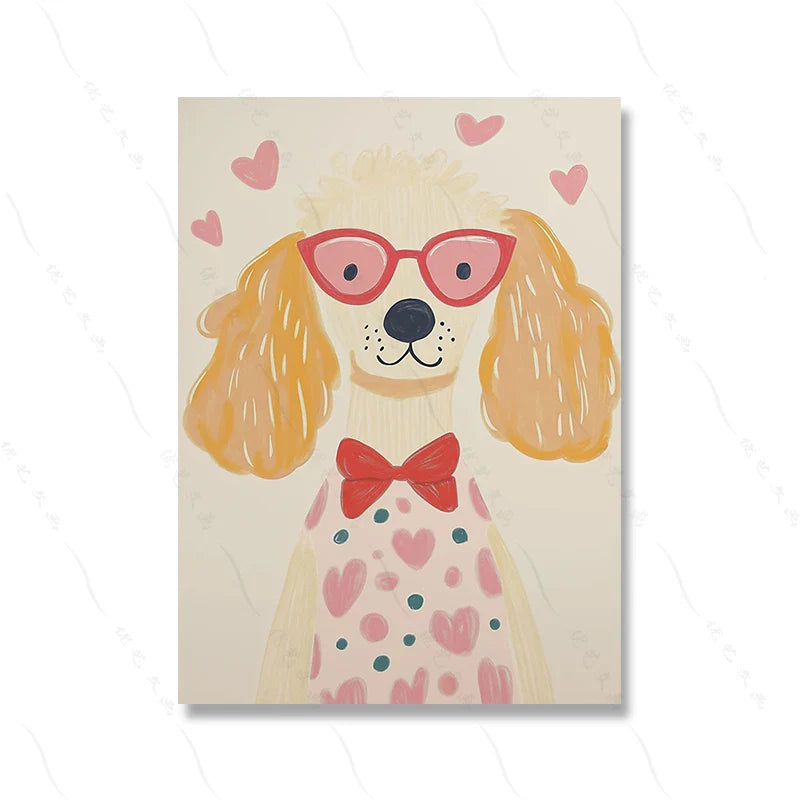 Cool Poodle Wall Art Cute Dog with Sunglasses Rabbit Colorful Kids Room Decor Modern Nursery Art Party Animal Illustration