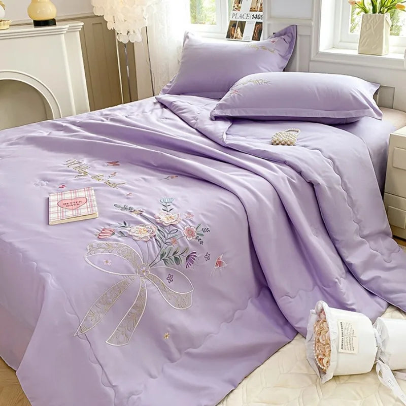 Super Soft Washed Cotton Three-Dimensional Flower Embroidered Summer Quilt Four-Piece Set