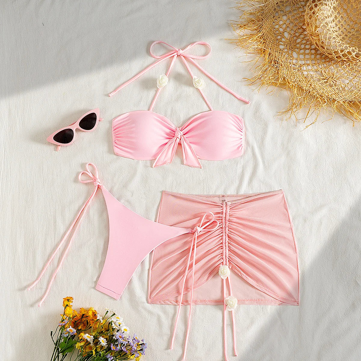 Women's 3 Piece Bikini Set Pink 3D Flower Chest Knot with Drawstring Skirt Swimsuit Outfit
