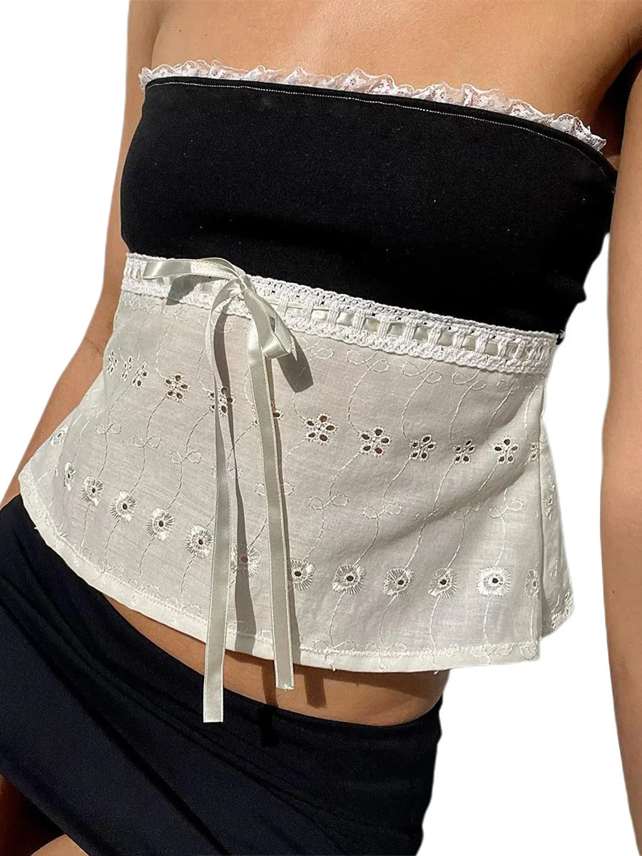 Women's Bandeau Top Kawaii Bow Lace Frill Strapless Tube Tops Summer Sexy Off Shoulder Backless Tie-up Vest Y2k Streetwear