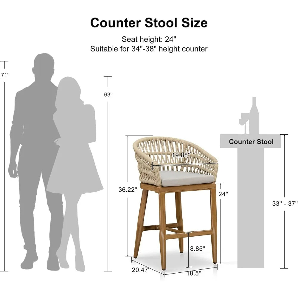 Outdoor Rattan Counter Height Bar Stools Chair, Modern Upholstered Patio Bar Stool with Backrest for Indoor and Outdoor Kitchen
