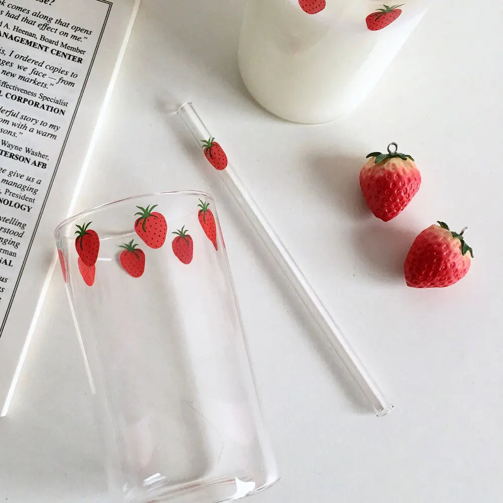 Strawberry Cute Glass Cup With Straw Creative Transparent Water Cup Student Milk Heat Resistant Glass 300ml