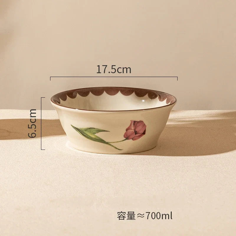 Retro Tulips Flower Ceramic Light Luxury Exquisite Dessert Plate