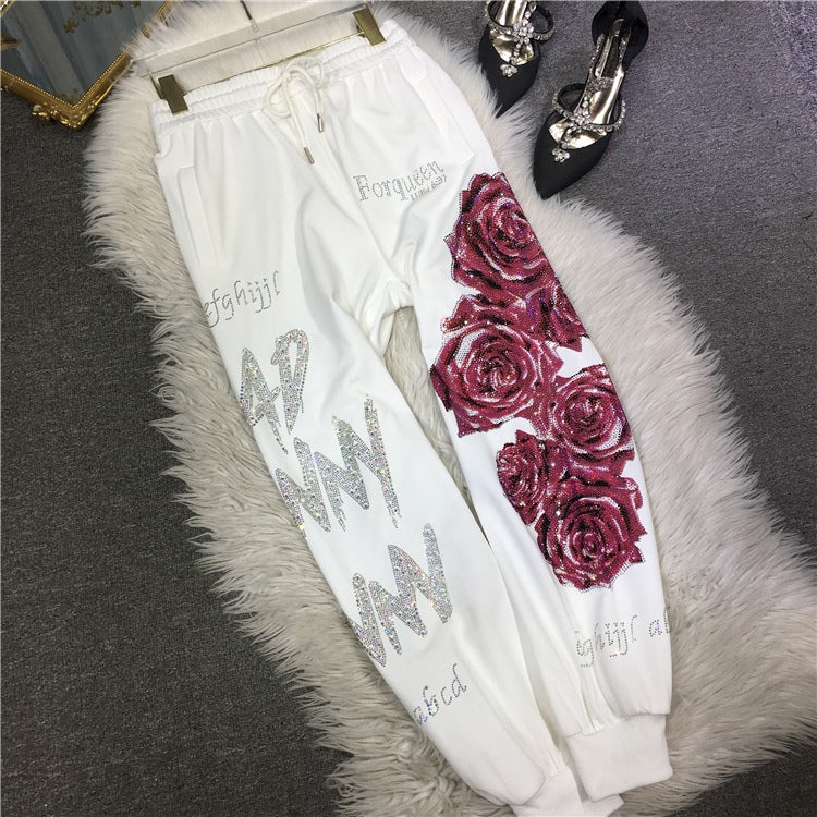 XL-4XL Plus Size Women's Pants Rhinestone Flower Big Size Sweatpants Casual Streetwear High Waisted Baggy Pants Woman