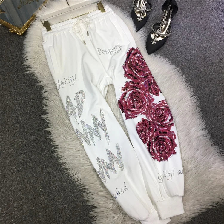 XL-4XL Plus Size Women's Pants Rhinestone Flower Big Size Sweatpants Casual Streetwear High Waisted Baggy Pants Woman
