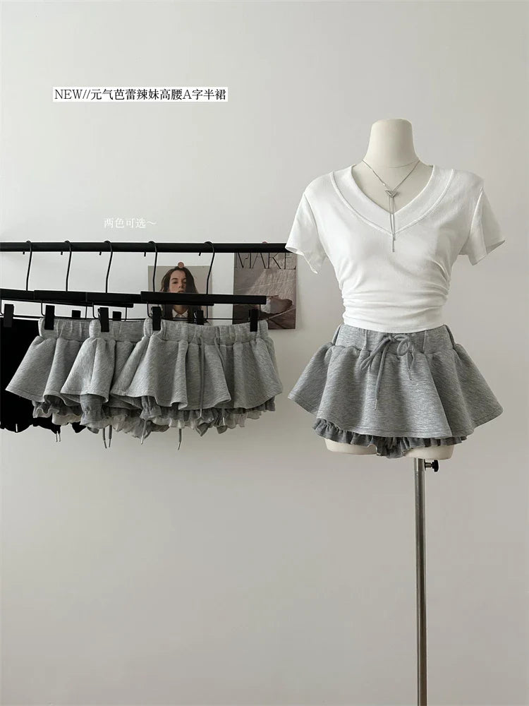 Women Preppy Elastic Waist Mini Skirt 2000s Coquette Design Shorts