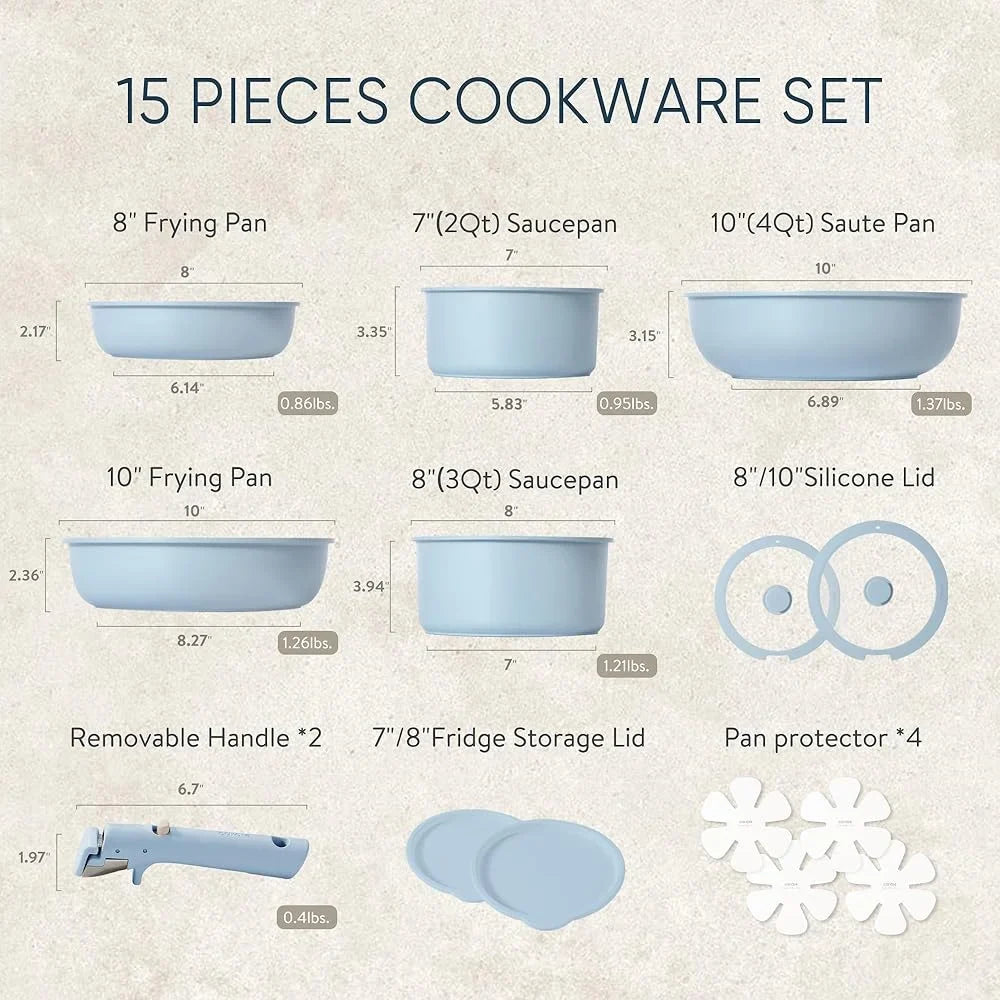Nonstick Cookware Set 15pcs Detachable Handle Induction Pots and Pans Space Saving Kitchen Cookware Easy Clean Cookware Set