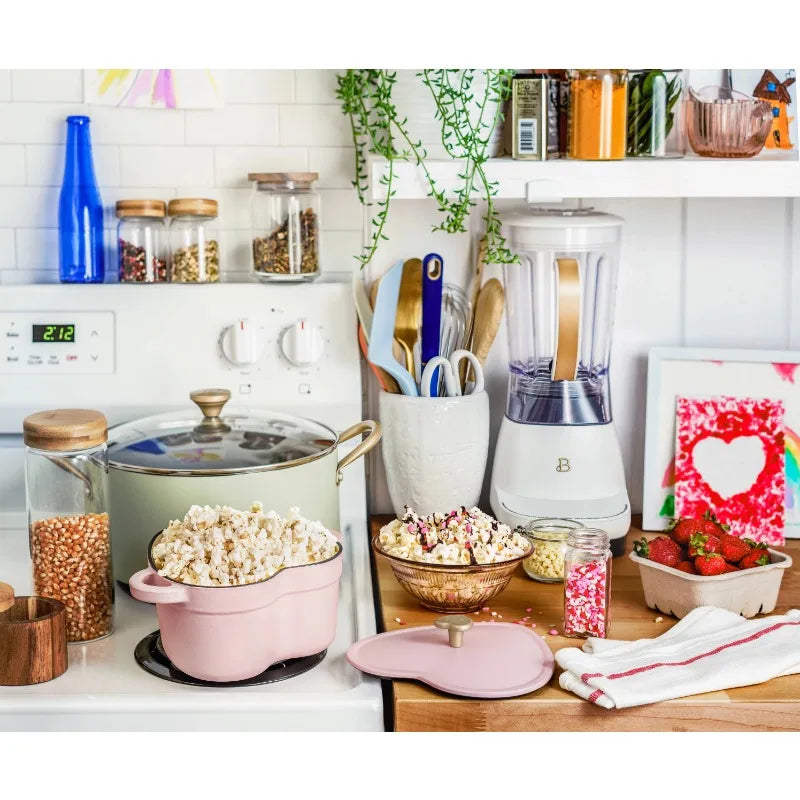 Pink Enameled Cast Iron Dutch Oven Heart-Shaped Pot with Lid, Dual Handles, Works on All Stovetops, Oven Safe to 500°F, 2-Quart