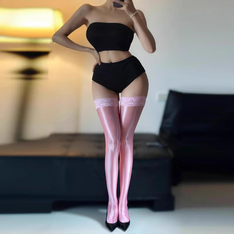 Women Sexy Oil Shiny Over The Knee Thigh High Long Stockings Lace Top Shaping Anti-slip Silicone Socks