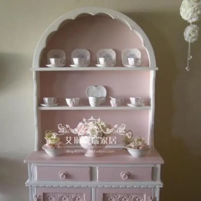 French Solid Wood Carving Flower Bookcase Dining Side Pink Princess Cabinet