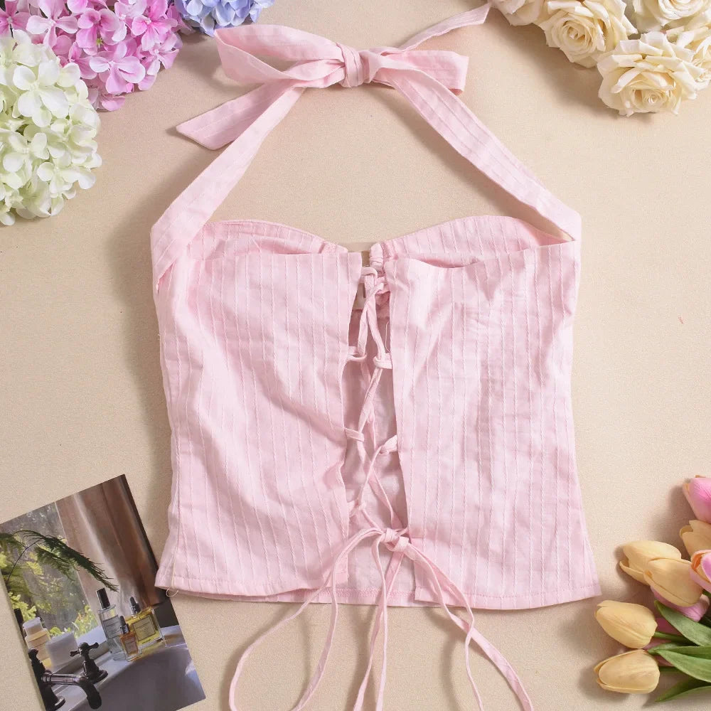 Stripe Crop Backless Halter Lace-Up Tank Top Woven Solid Color Chic Summer Sleeveless Slim Blouse Vest