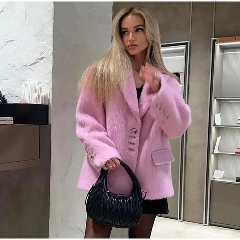 Fashion Woolen Jacket Women Winter V Neck Mohair Buttons Single Breasted Pockets Coat Ladies Office Street Casual Outerwear