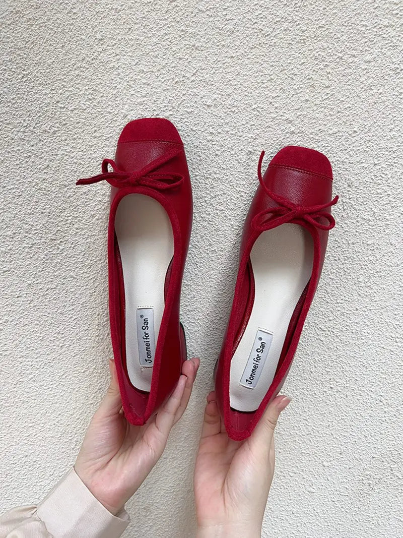 Fashion Elegant Red Ballerinas Women Pumps Slip on Loafers Round Toe Square Heels Bowknot Low Heel Shoes