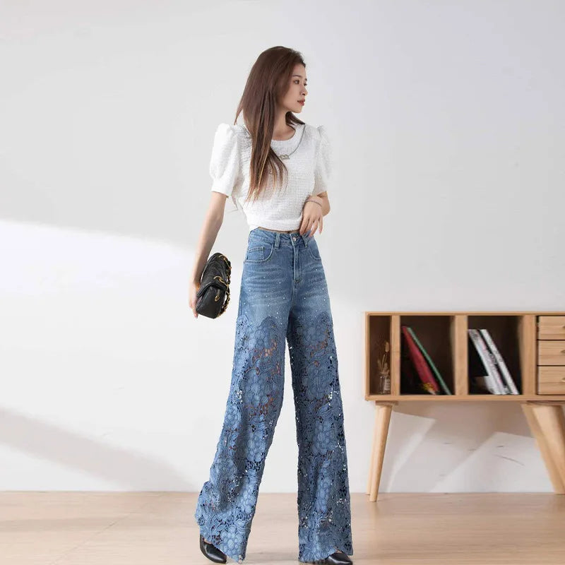 Vintage Hollow Out Lace Flowers Lady Jeans Loose Straight Denim Pants High Street Elegant Summer New Trousers Chic Fashion Pant