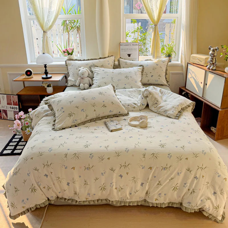 Princess Style Flowers Ruffles Soft Skin-friendly Duvet Cover Set Pillowcases Bedding Set