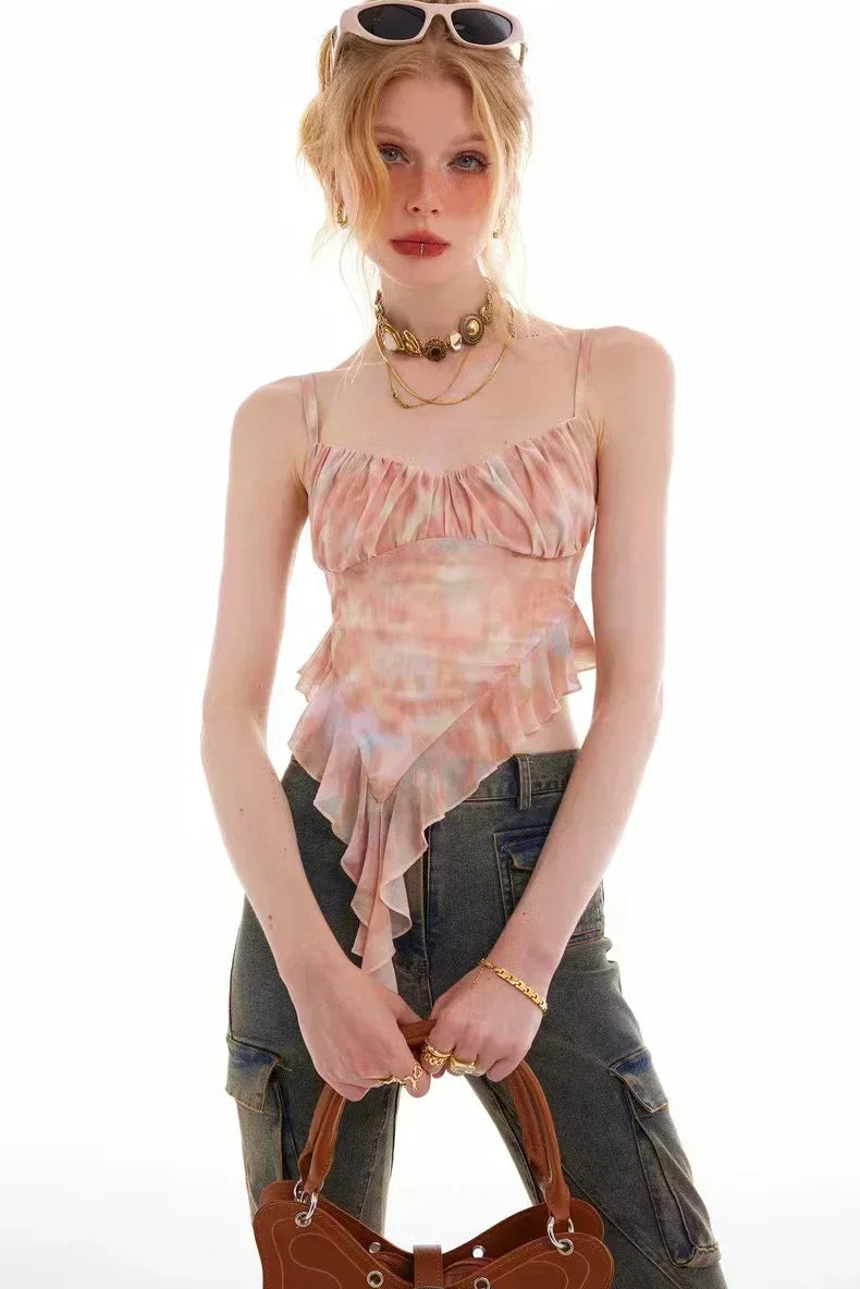 Girls Sweet Ruffles Mesh Camisole Top Lady Camis Sleeveless Printed Floral T shirts Stretch Slim Tanks For Slim Women