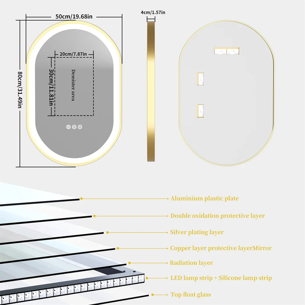 Luxury Oval Led Illuminated Bathroom Mirror Gold Aluminum Frame with Demister Pad
