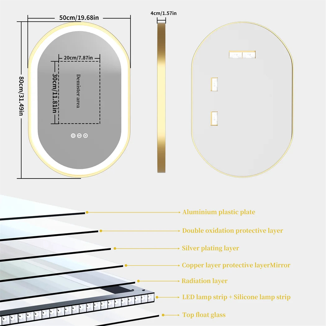 Luxury Oval Led Illuminated Bathroom Mirror Gold Aluminum Frame with Demister Pad