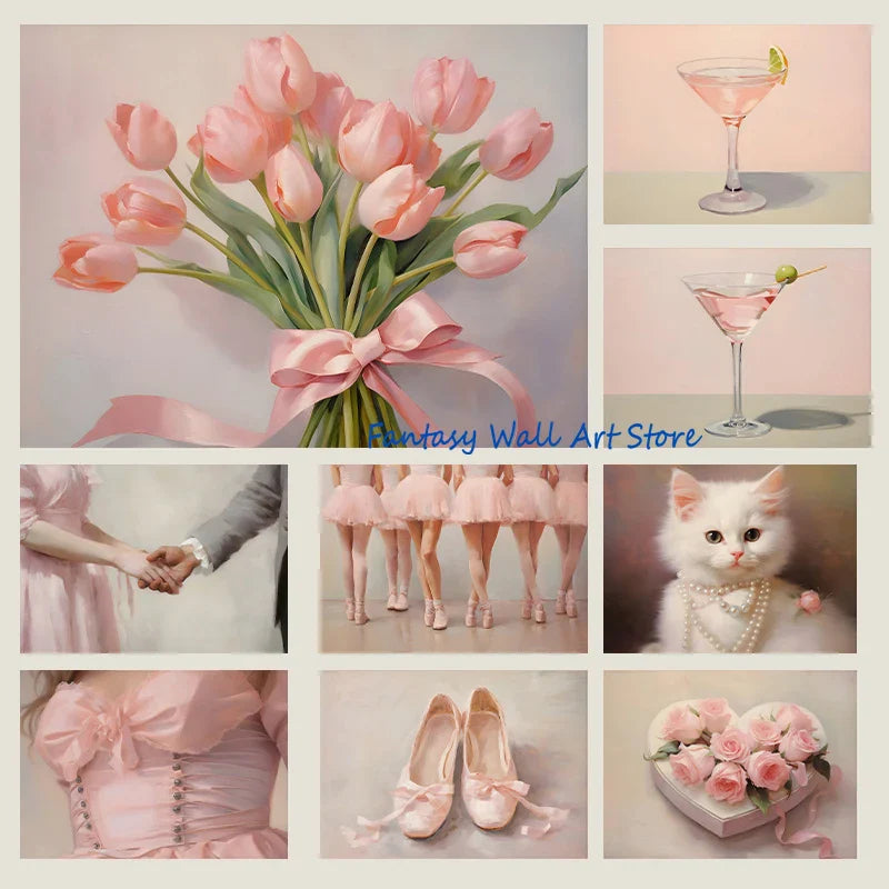 Pink Flower Cocktail Art Decor Canvas Printing Poster Pink Vintage Painting Aesthetic Wall Decor