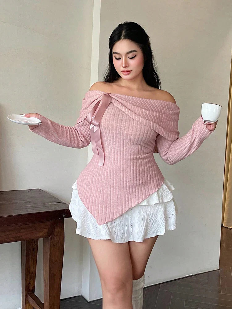 Plus Size Womens Solid Colour Strapless Long Sleeve Simple T Shirt Spring Daily Casual Dress Up Cute Wind Pure Colour Polyester