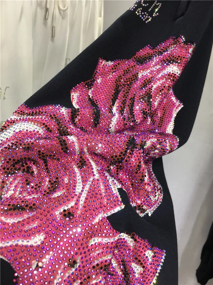 XL-4XL Plus Size Women's Pants Rhinestone Flower Big Size Sweatpants Casual Streetwear High Waisted Baggy Pants Woman