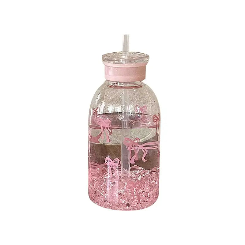Cute Bow Plastic Bottle Ice With Straw Lid Sweet High-value Bow Cup Portable Cup